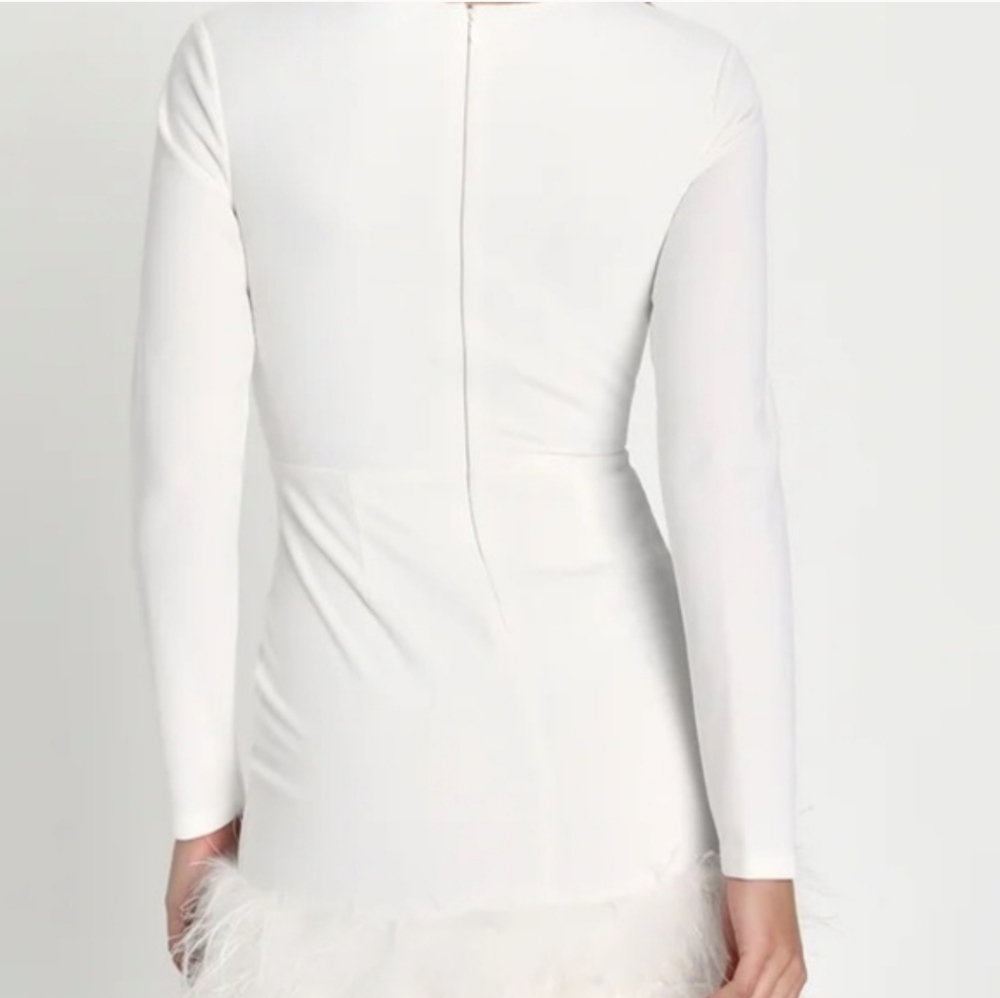 Lulu's White Long Sleeve Dress with Feather Hem - Picture 3 of 4